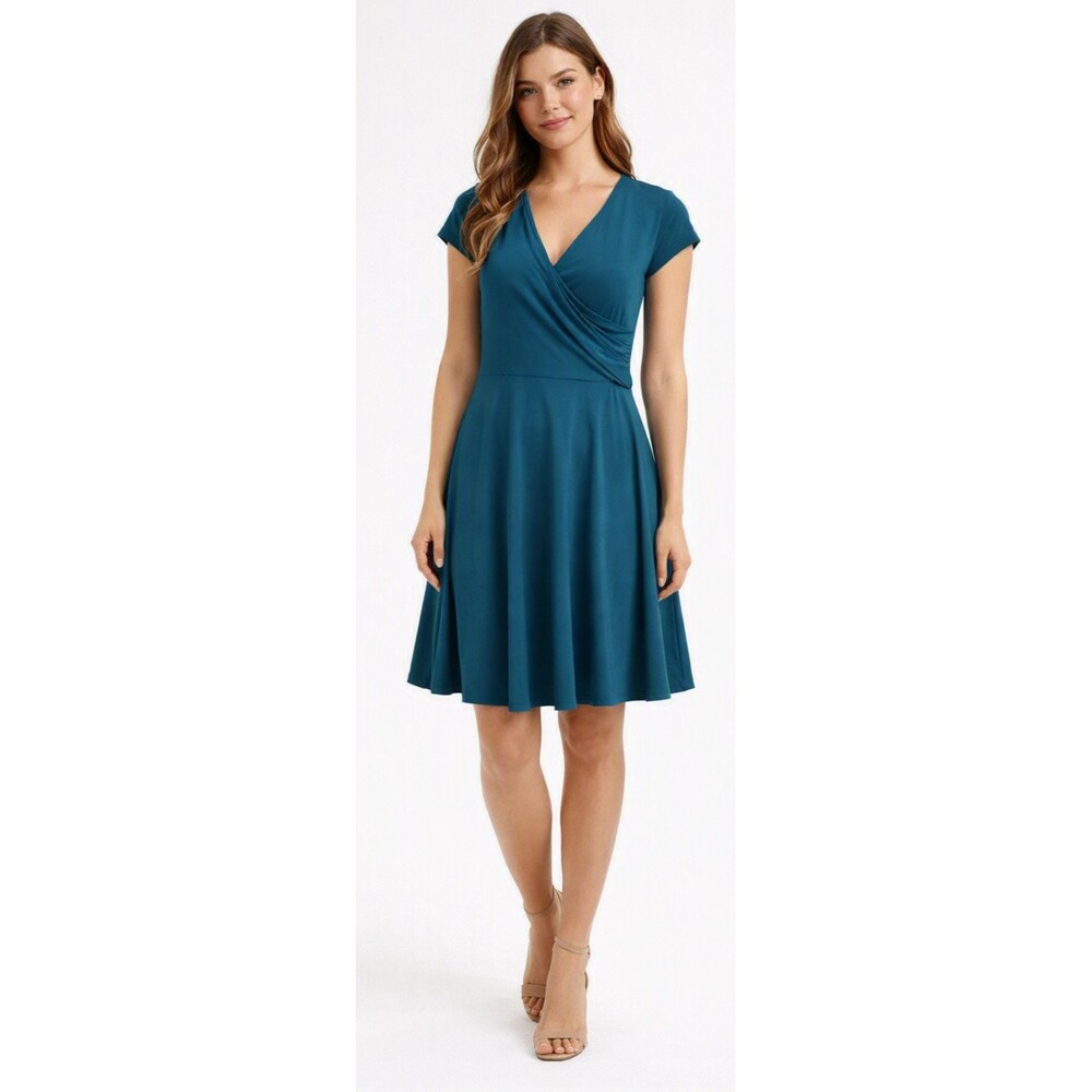 Laksai Dress XL Blue Solid VNeck Draped Cap Sleeve Fit&Flare Cotton Spandex NWT